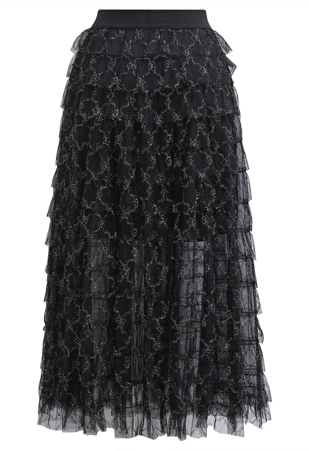 Abstract Metallic Tiered Mesh Midi Skirt in Black