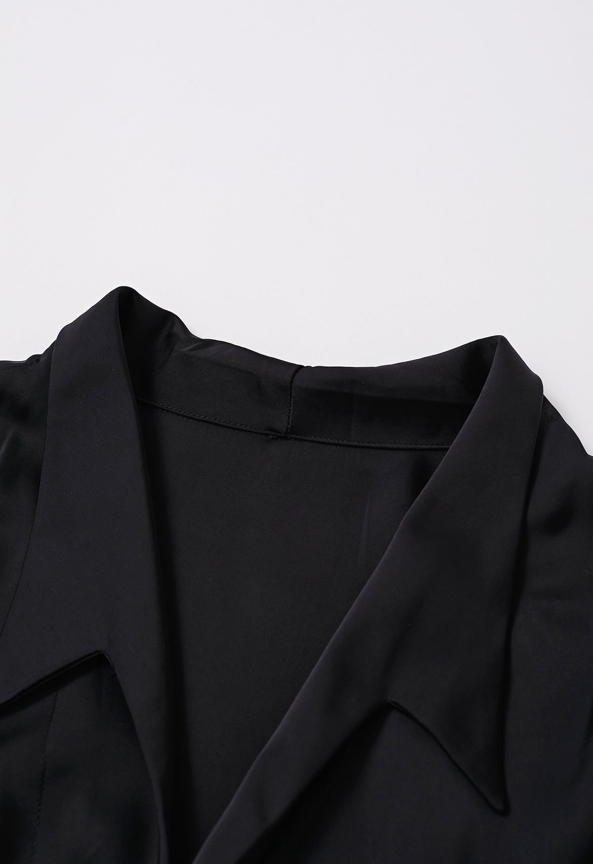 Pointed Collar Self-Tie Wrap Satin Shirt in Black