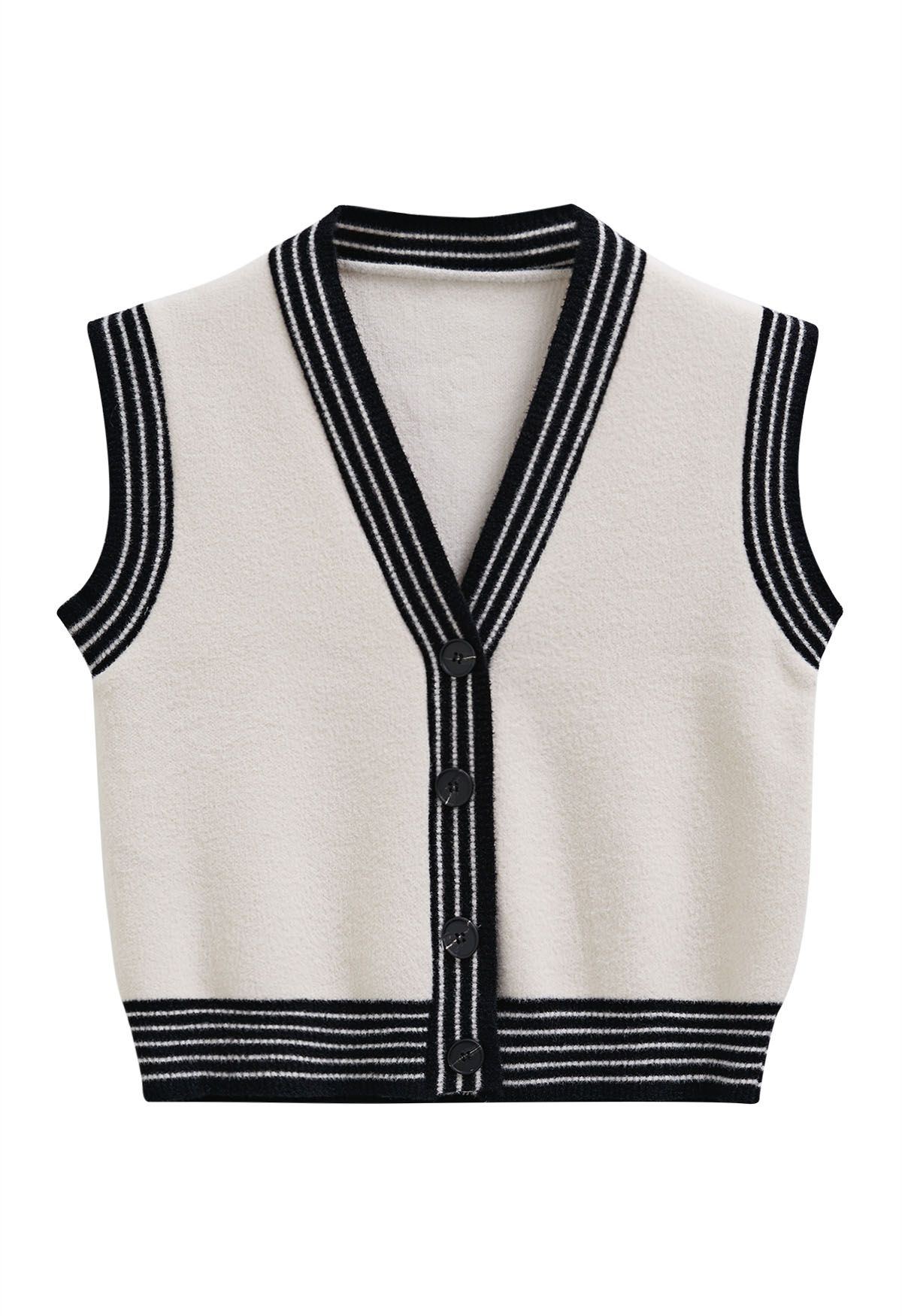 Contrast Striped Edge V-Neck Buttoned Knit Vest in Ivory