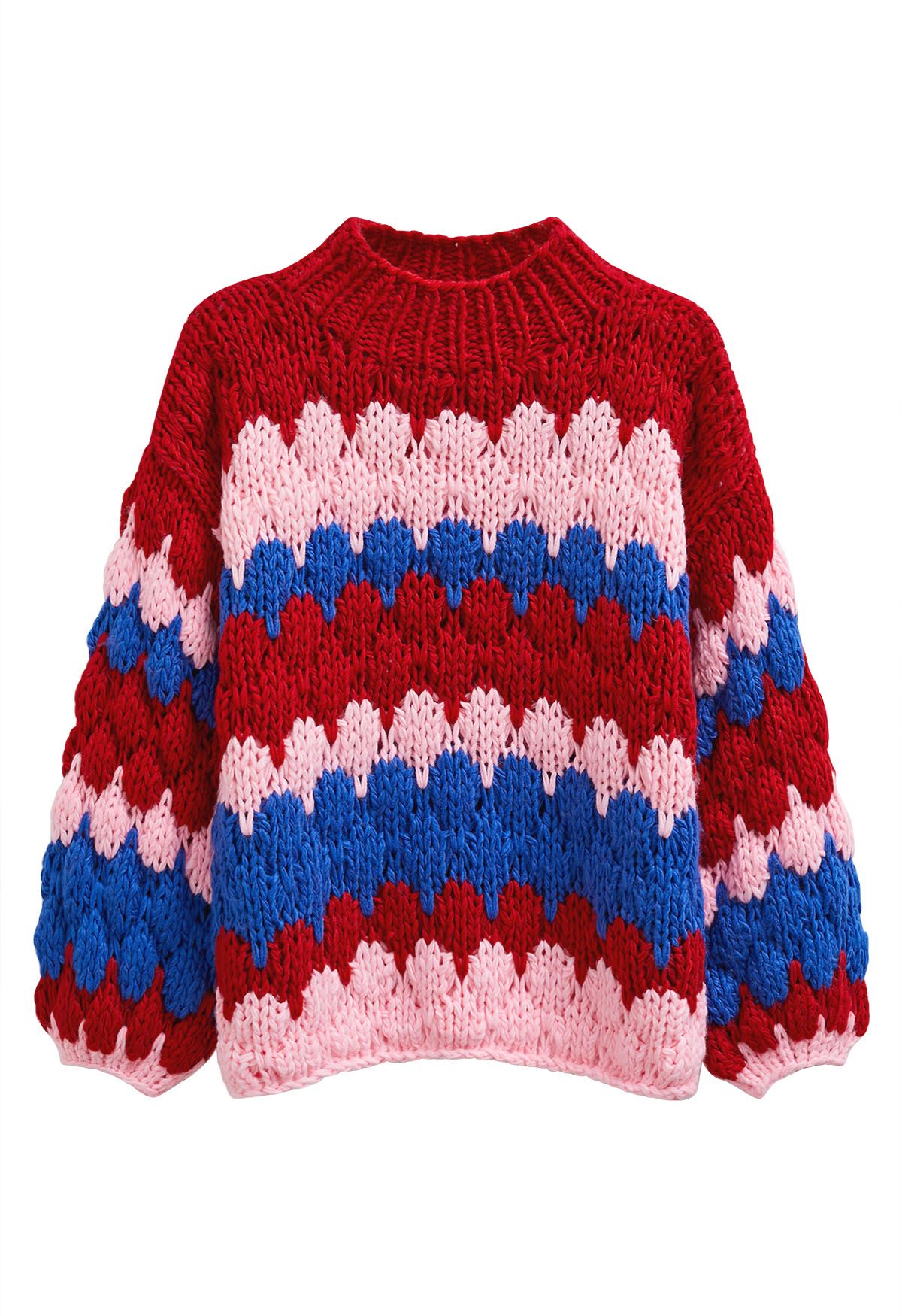 Color Blocked High Neck Hand-Knit Chunky Sweater in Red