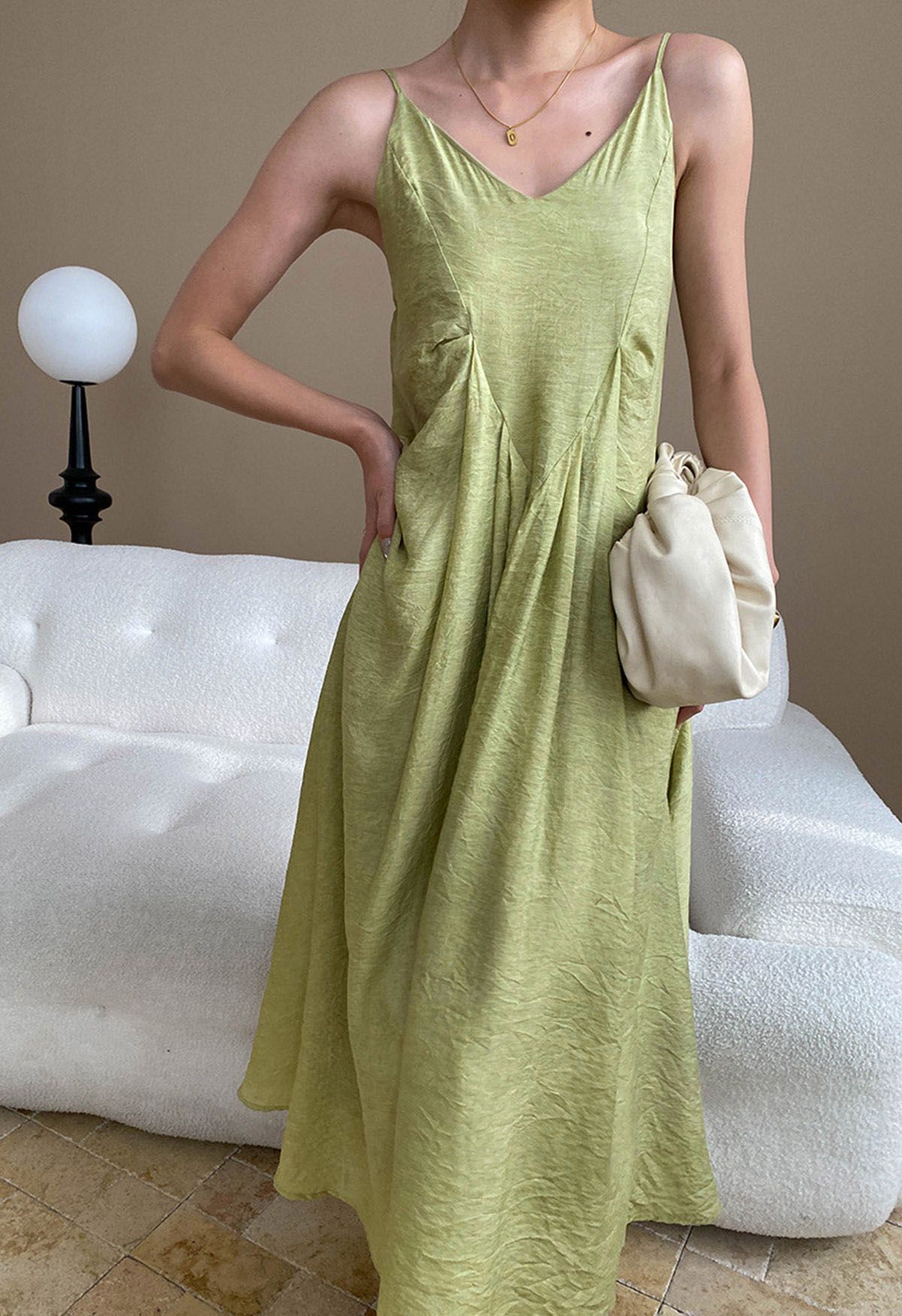 Texture V-Neck Frilling Hem Cami Midi Dress in Pistachio