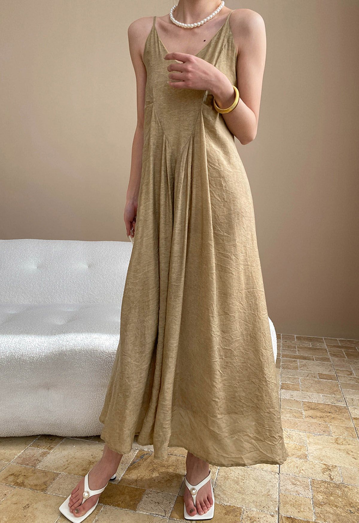 Texture V-Neck Frilling Hem Cami Midi Dress in Tan