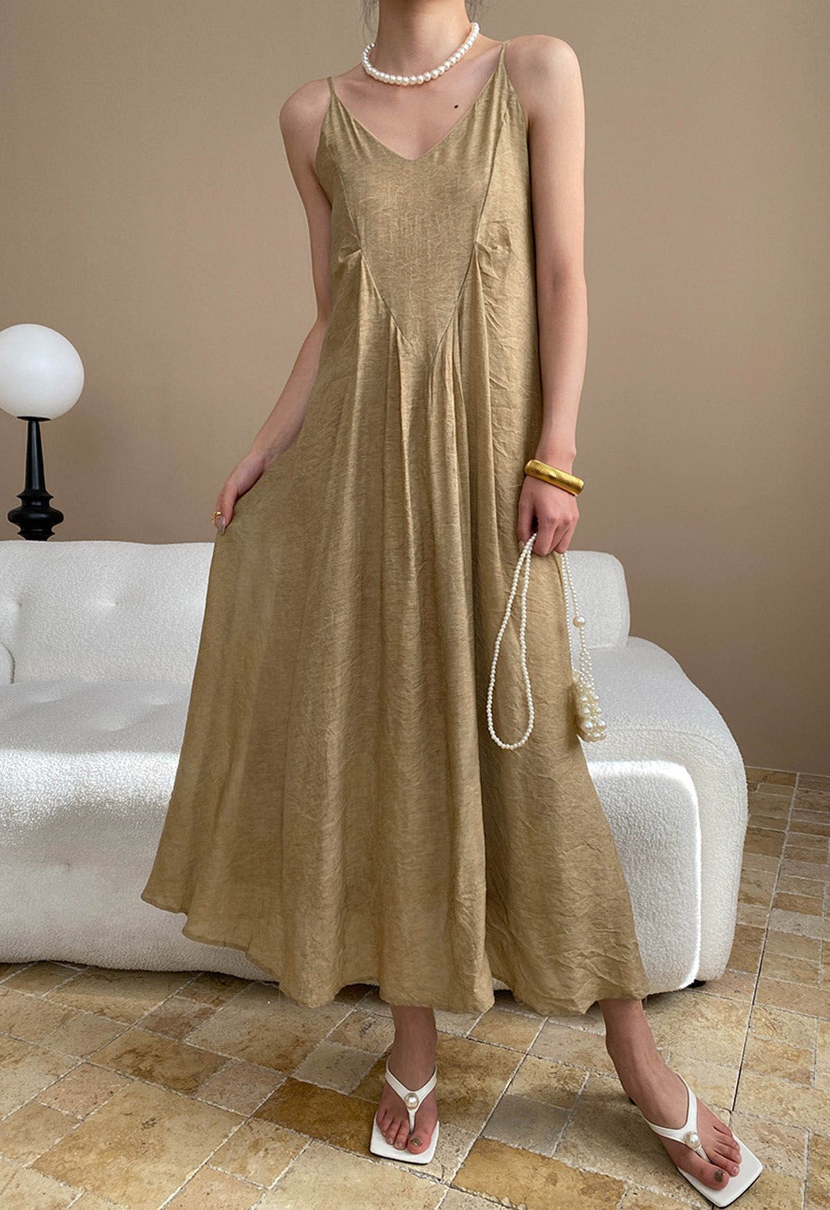 Texture V-Neck Frilling Hem Cami Midi Dress in Tan