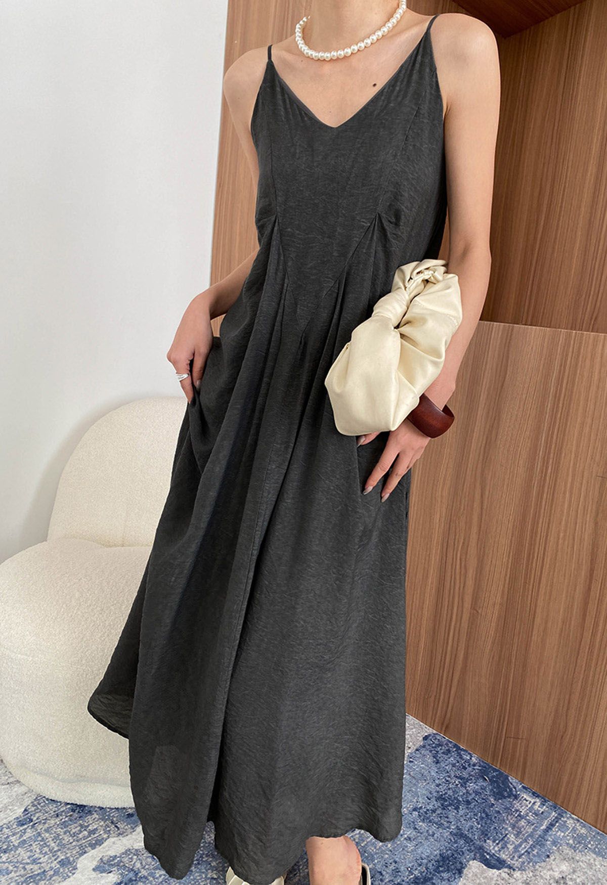 Texture V-Neck Frilling Hem Cami Midi Dress in Smoke