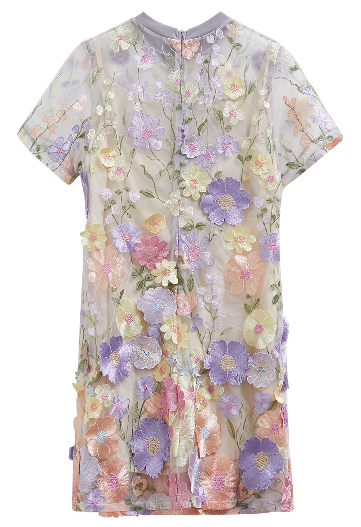 3D Floral Applique Sheer Mesh Cover-Up Dress in Lavender