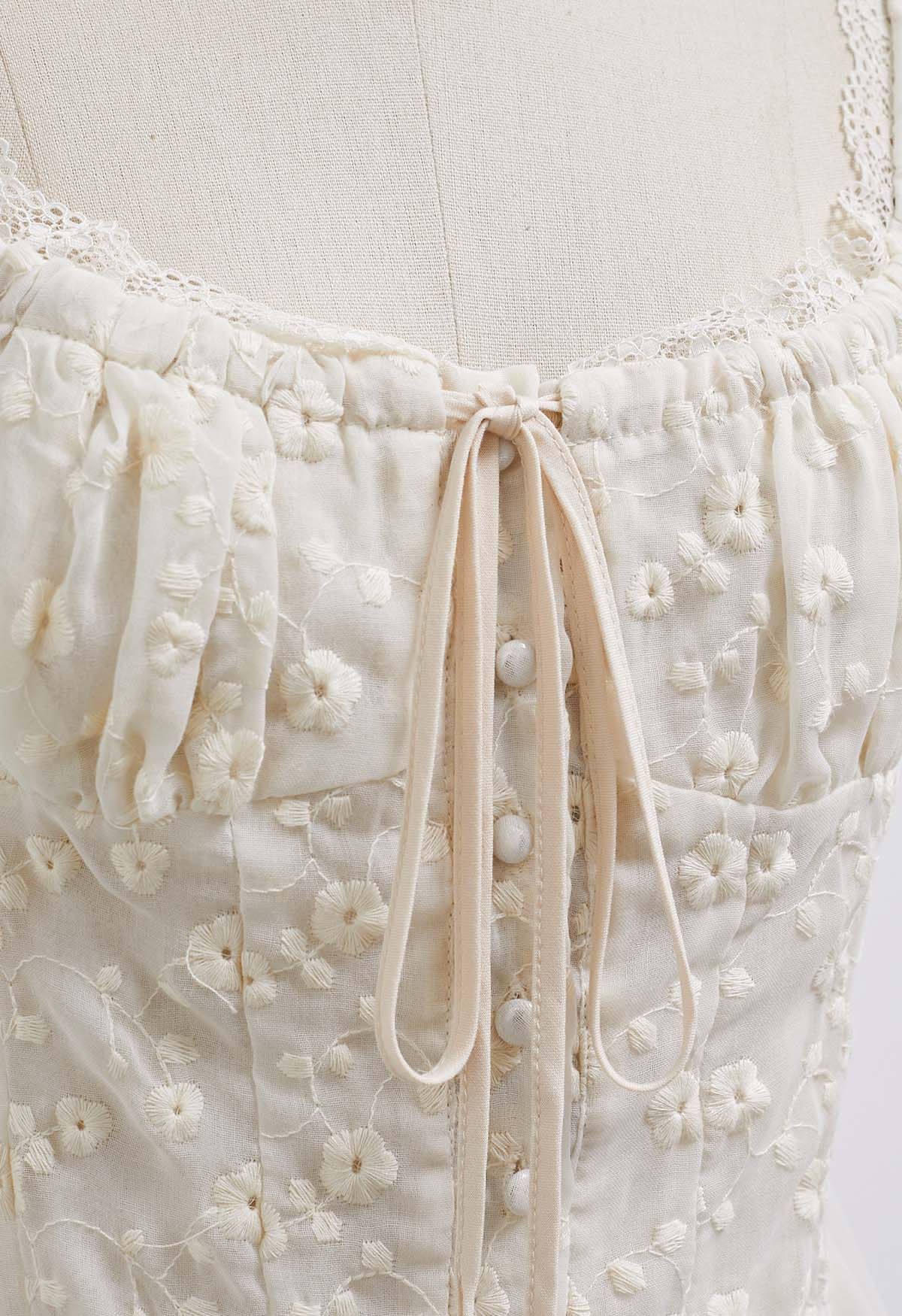 Floret Embroidered Drawstring Crop Buttoned Top