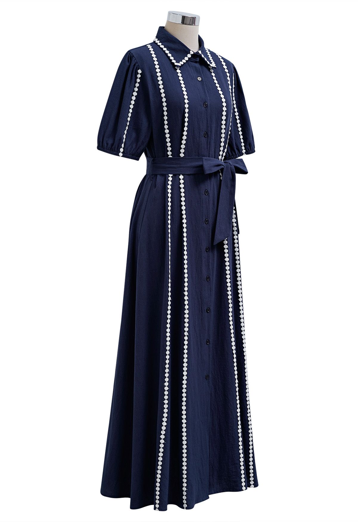 Crochet Stripe Collared Tie-Sash Buttoned Maxi Dress in Navy