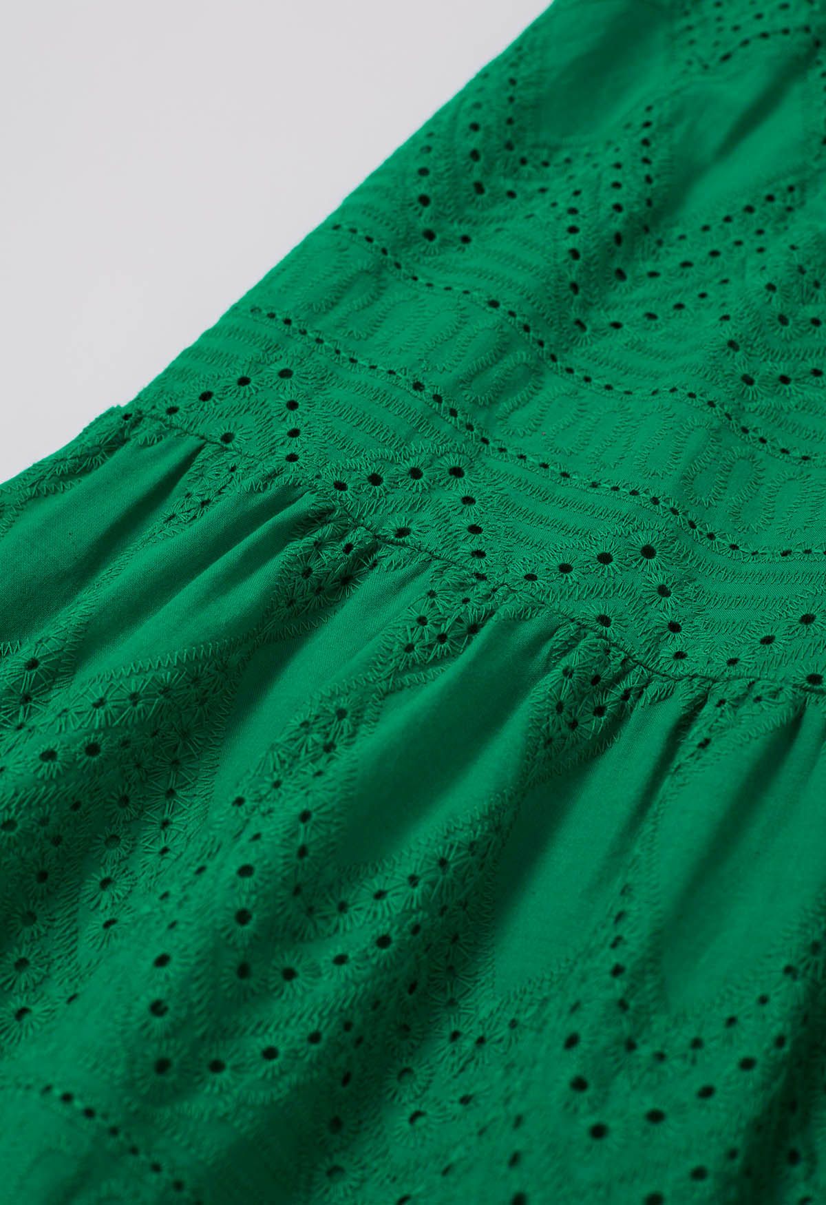 Collared Eyelet Embroidery Buttoned Midi Dress in Green