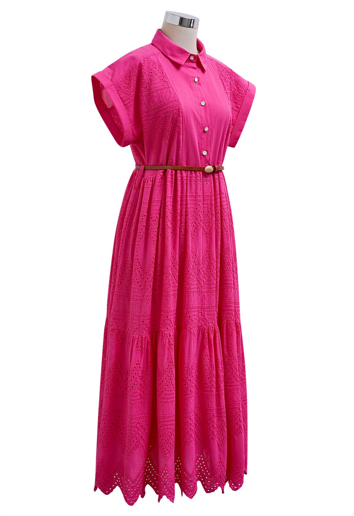 Collared Eyelet Embroidery Buttoned Midi Dress in Hot Pink