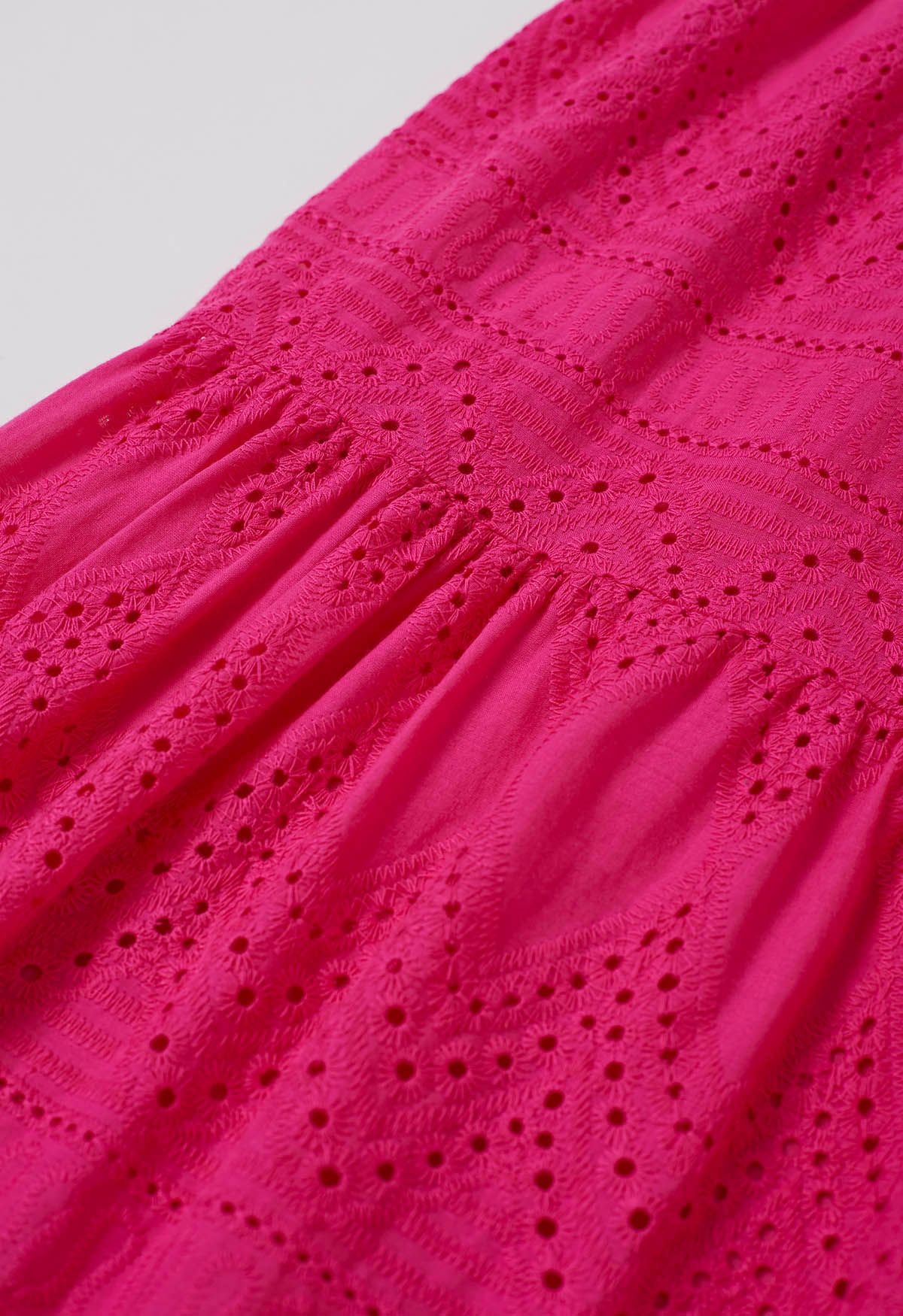 Collared Eyelet Embroidery Buttoned Midi Dress in Hot Pink