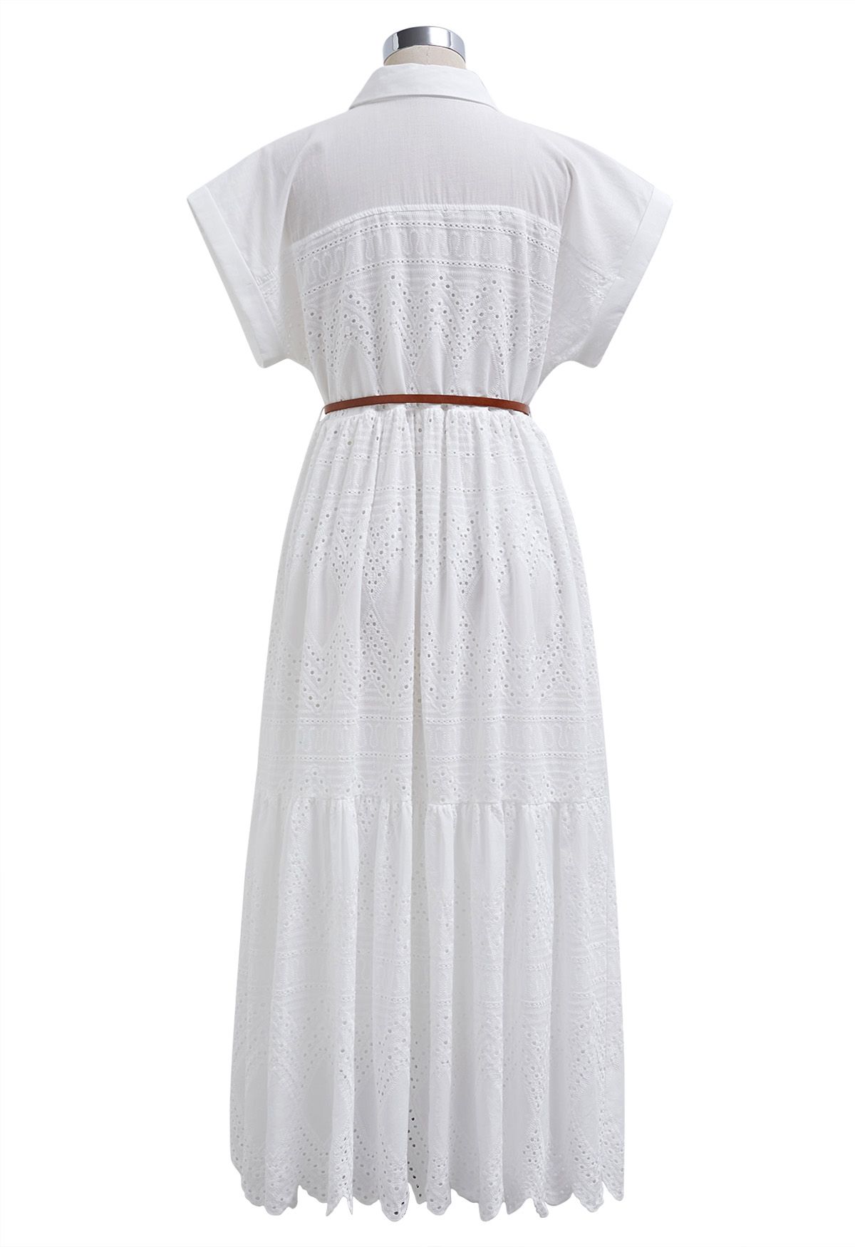 Collared Eyelet Embroidery Buttoned Midi Dress in White