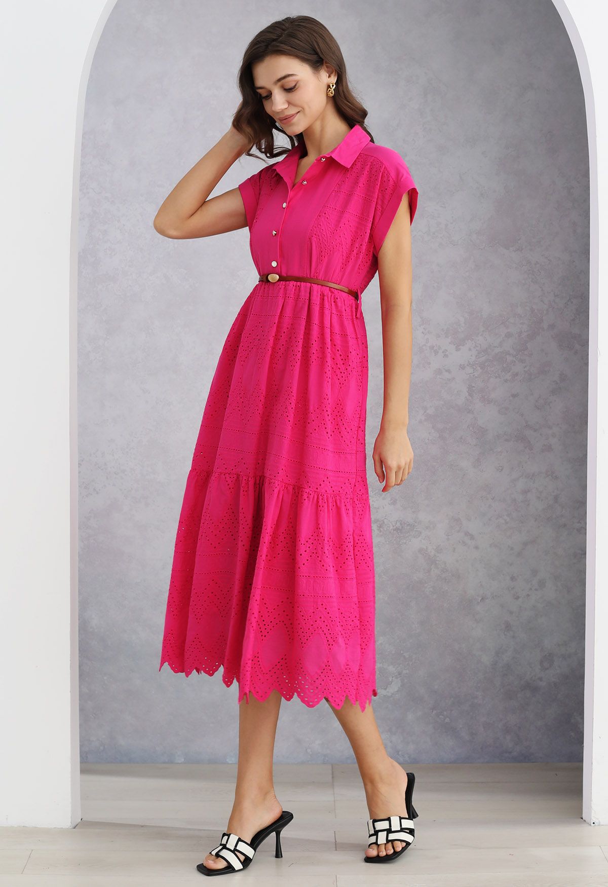 Collared Eyelet Embroidery Buttoned Midi Dress in Hot Pink