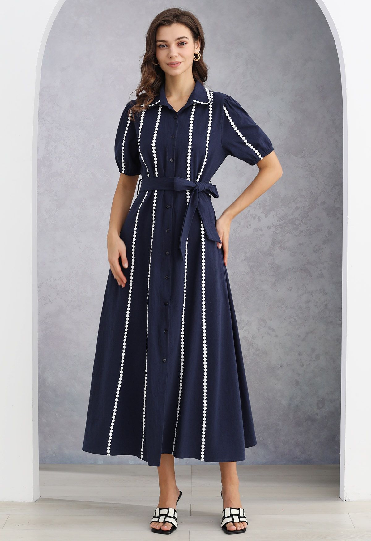 Crochet Stripe Collared Tie-Sash Buttoned Maxi Dress in Navy