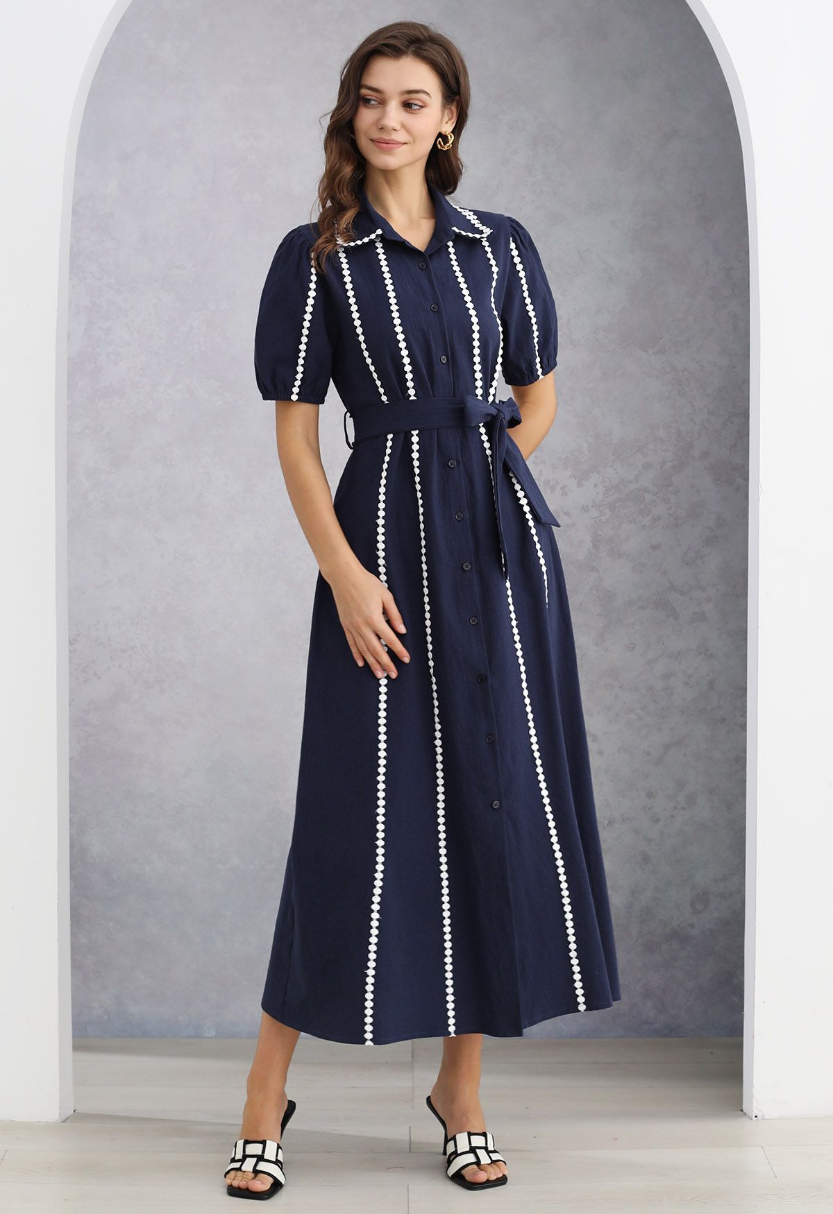 Crochet Stripe Collared Tie-Sash Buttoned Maxi Dress in Navy