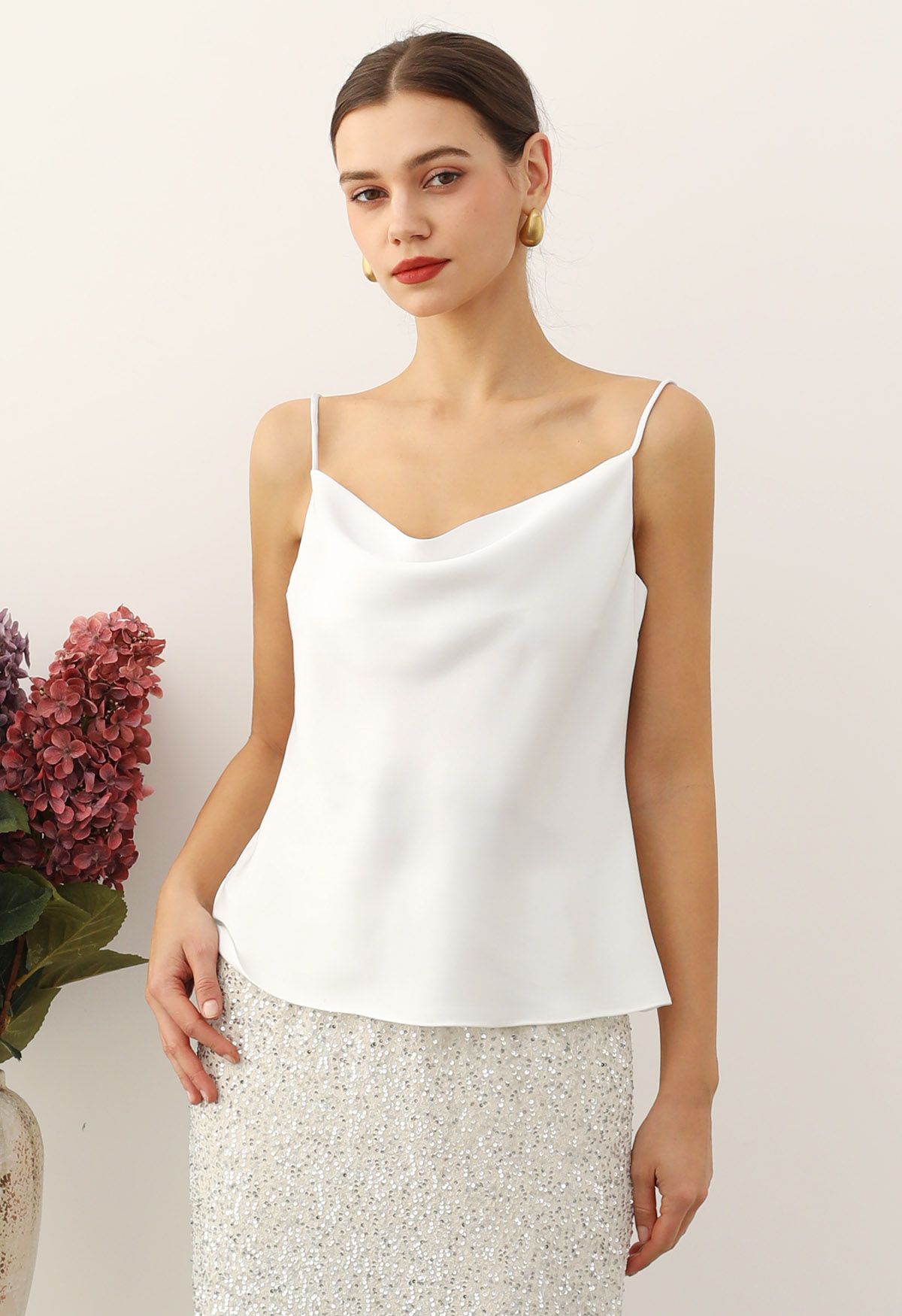 Drape Neck Satin Cami Crop Top in White