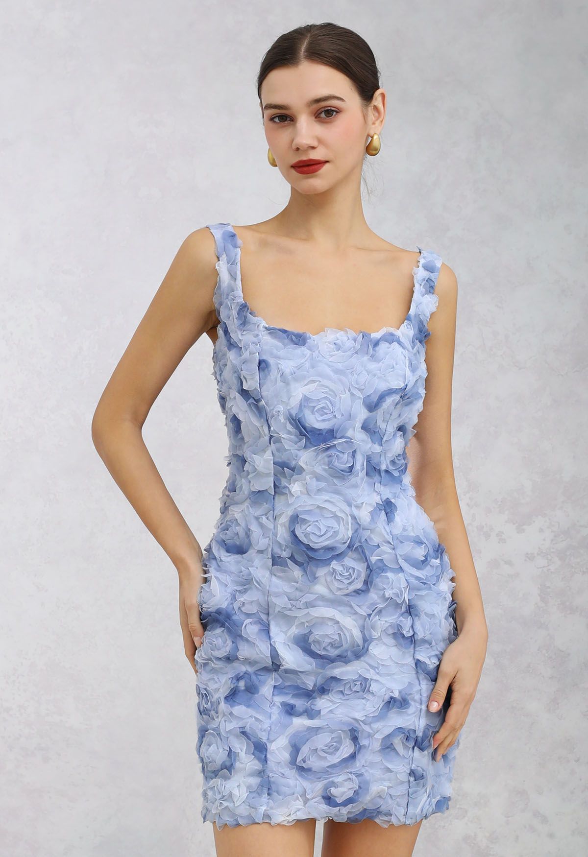 Rose Petal Lace-Up Back Cami Mini Dress in Blue