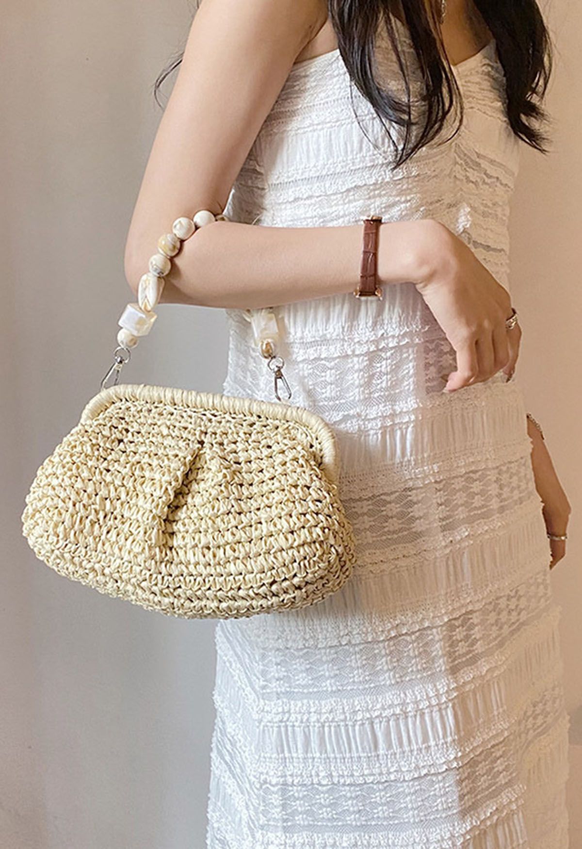 Beaded Handle Woven Straw Bag