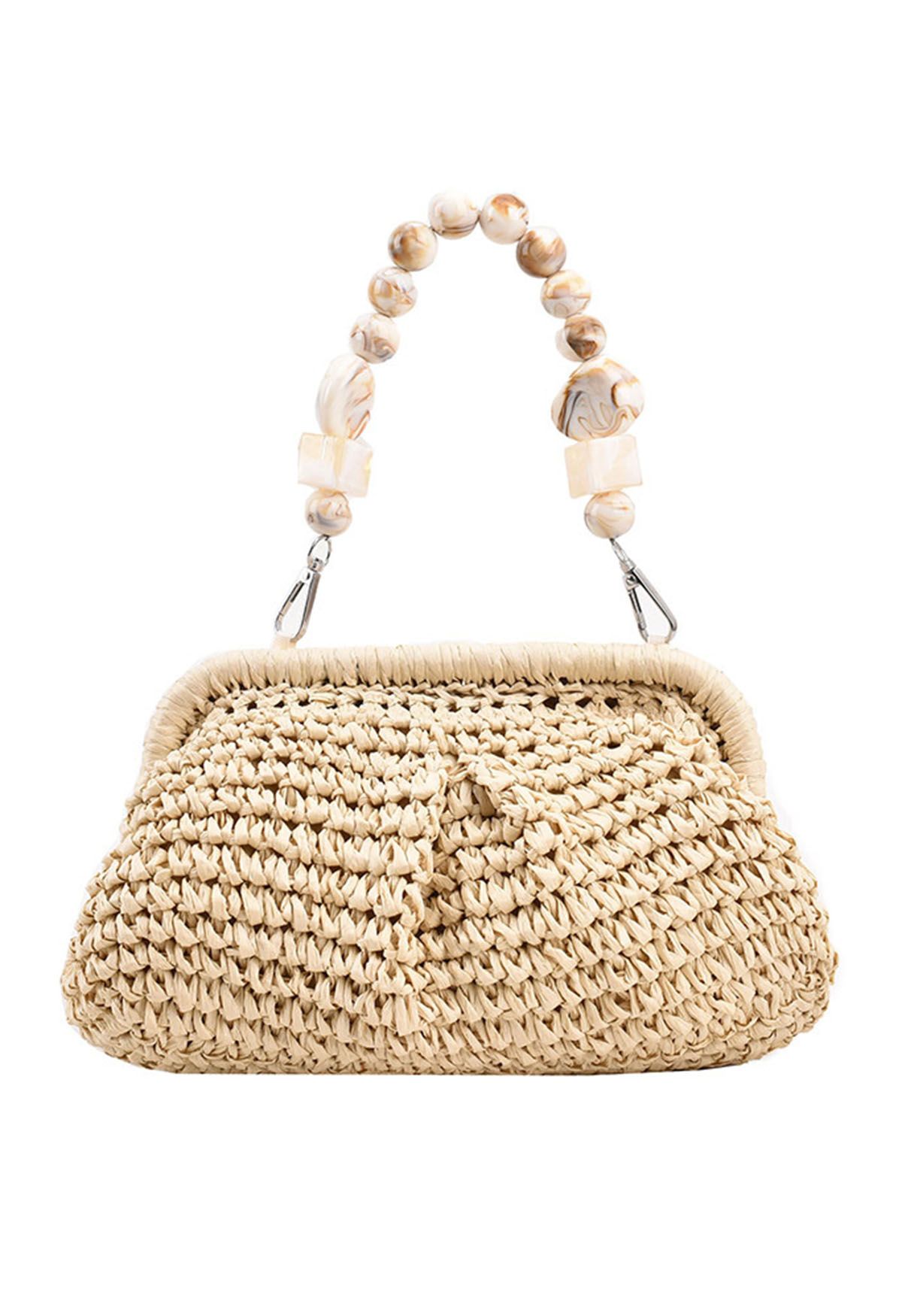 Beaded Handle Woven Straw Bag