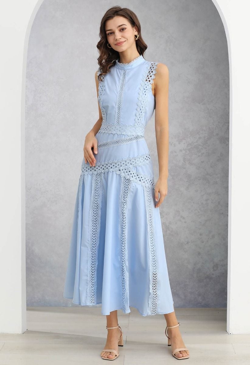 Dive into Elegance Lace Panelled Sleeveless Dress in Baby Blue