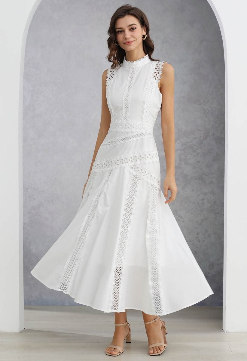 Dive into Elegance Lace Panelled Sleeveless Dress in White