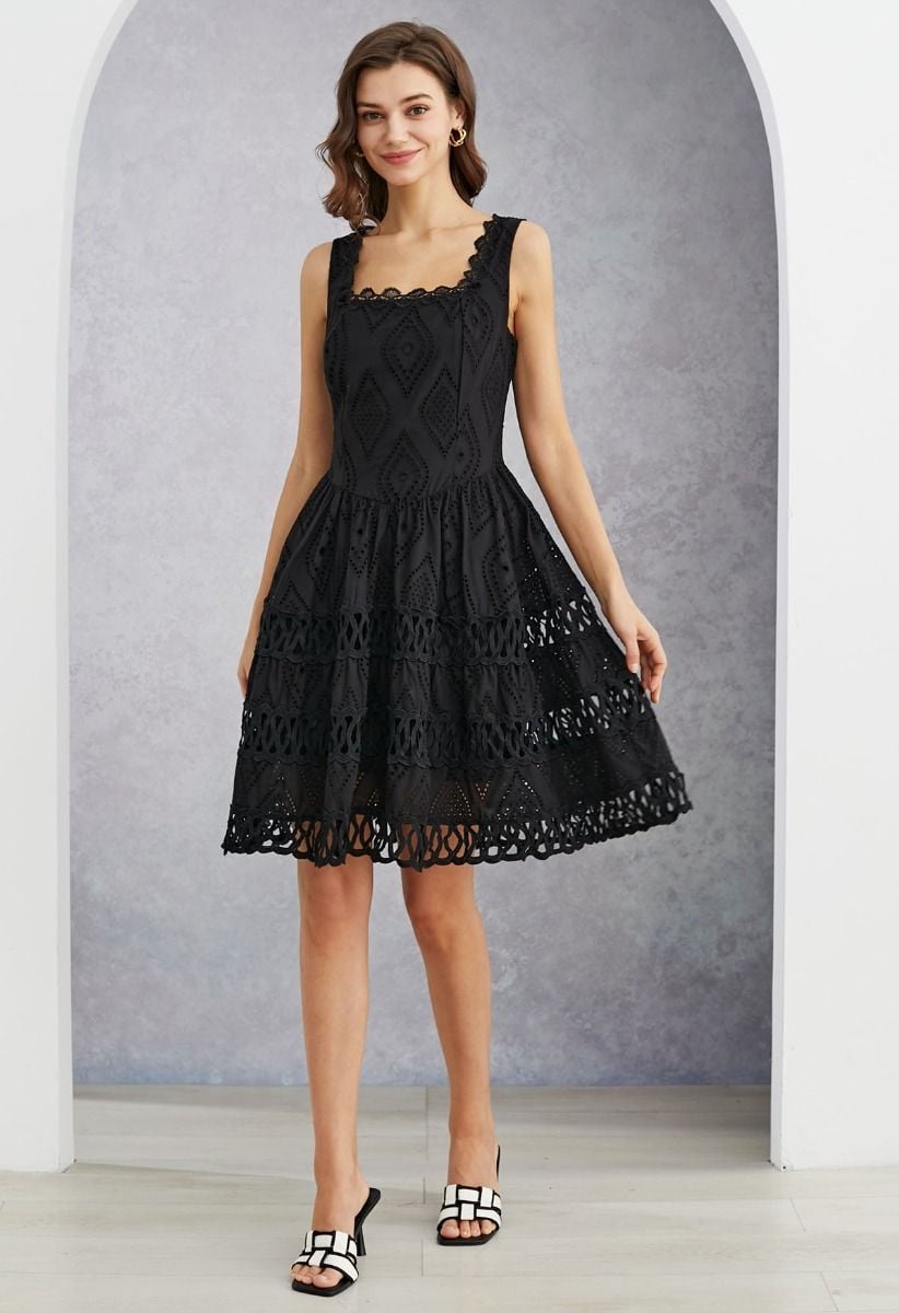 Geometric Eyelet Embroidered Square Neck Sleeveless Dress in Black