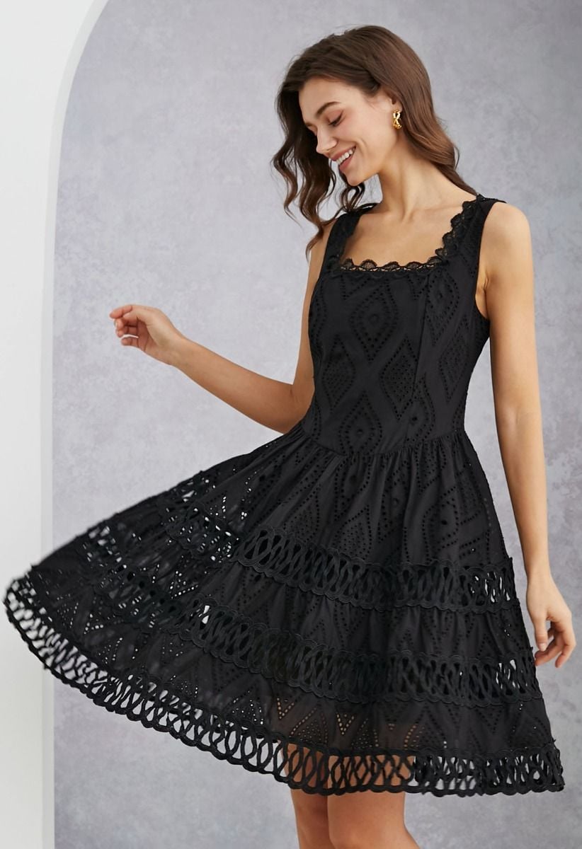 Geometric Eyelet Embroidered Square Neck Sleeveless Dress in Black