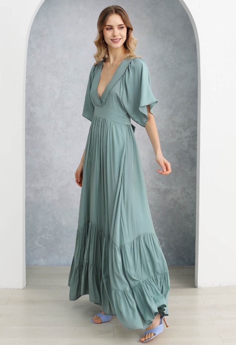 Subtle Romance Deep V-Neck Flutter Sleeve Maxi Dress in Teal