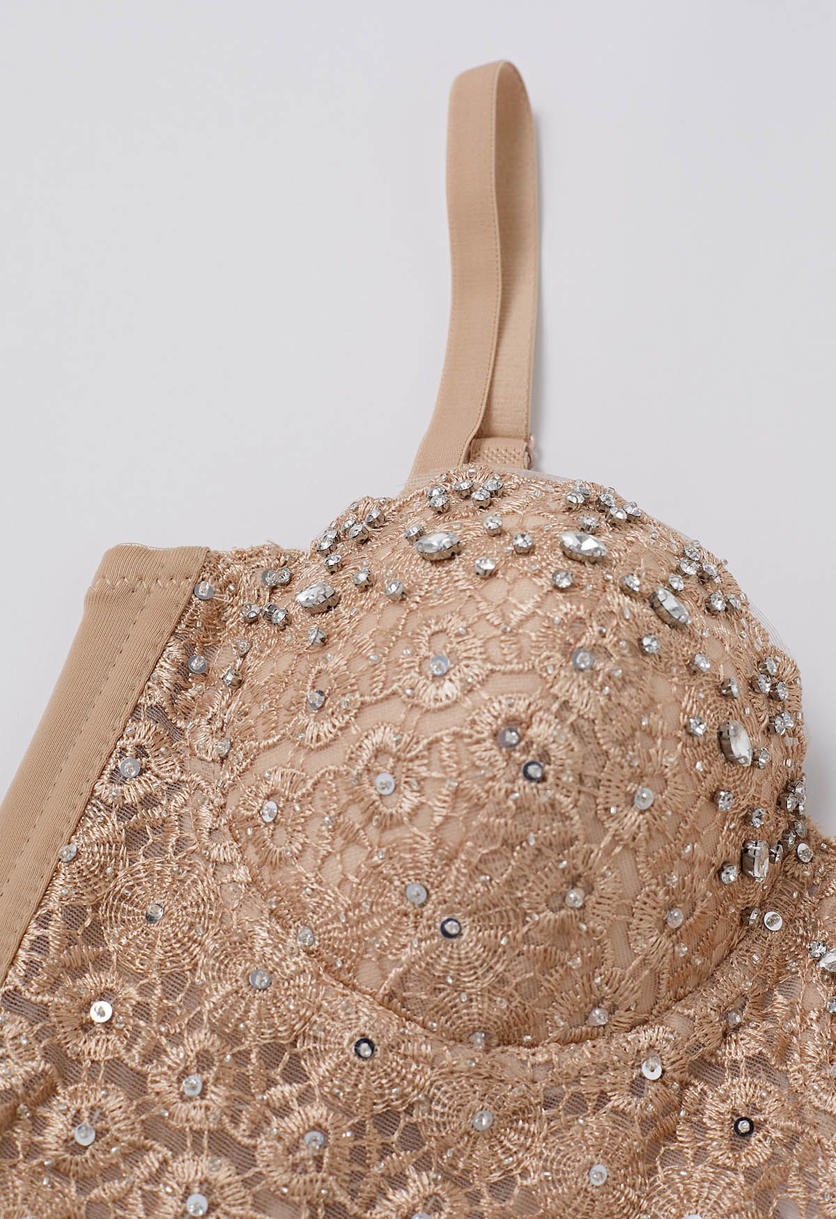 Rhinestone Lace Embroidered Bustier Mesh Crop Top in Apricot