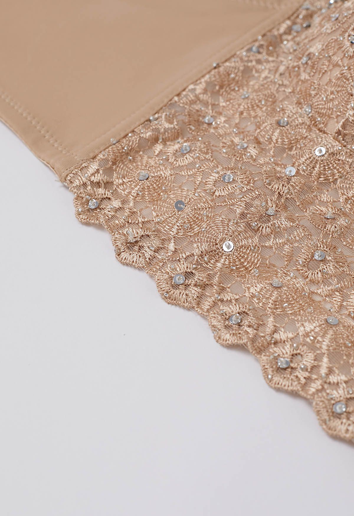 Rhinestone Lace Embroidered Bustier Mesh Crop Top in Apricot