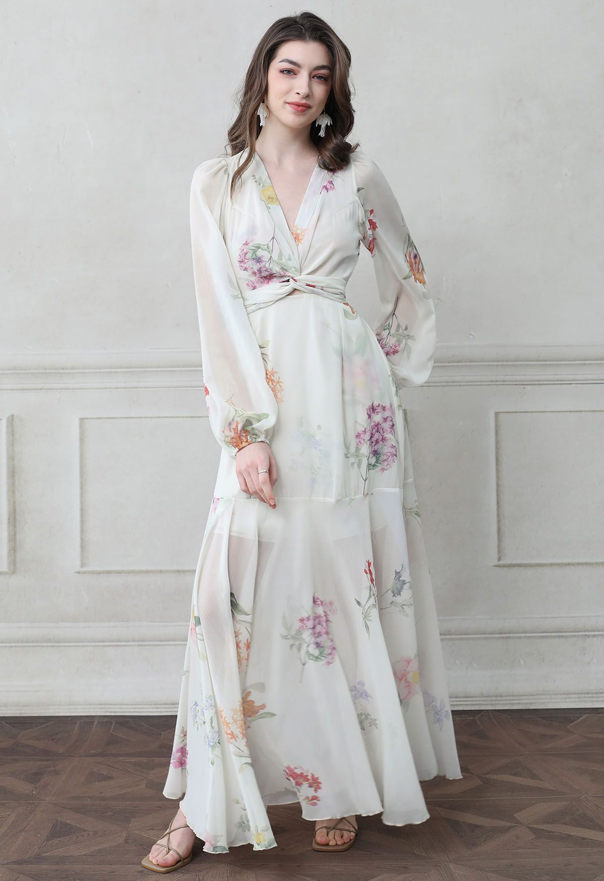 Watercolor Botanical Printed Crisscross Cutout Self-Tie Chiffon Maxi Dress