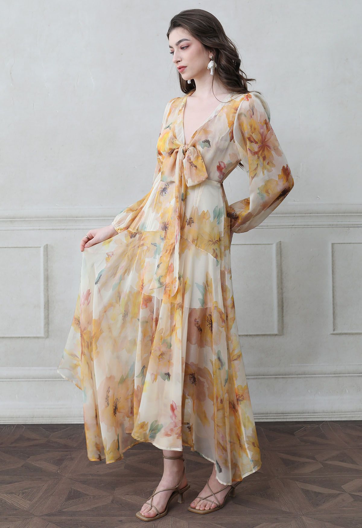 Watercolor Floral Tie Front Asymmetric Chiffon Maxi Dress