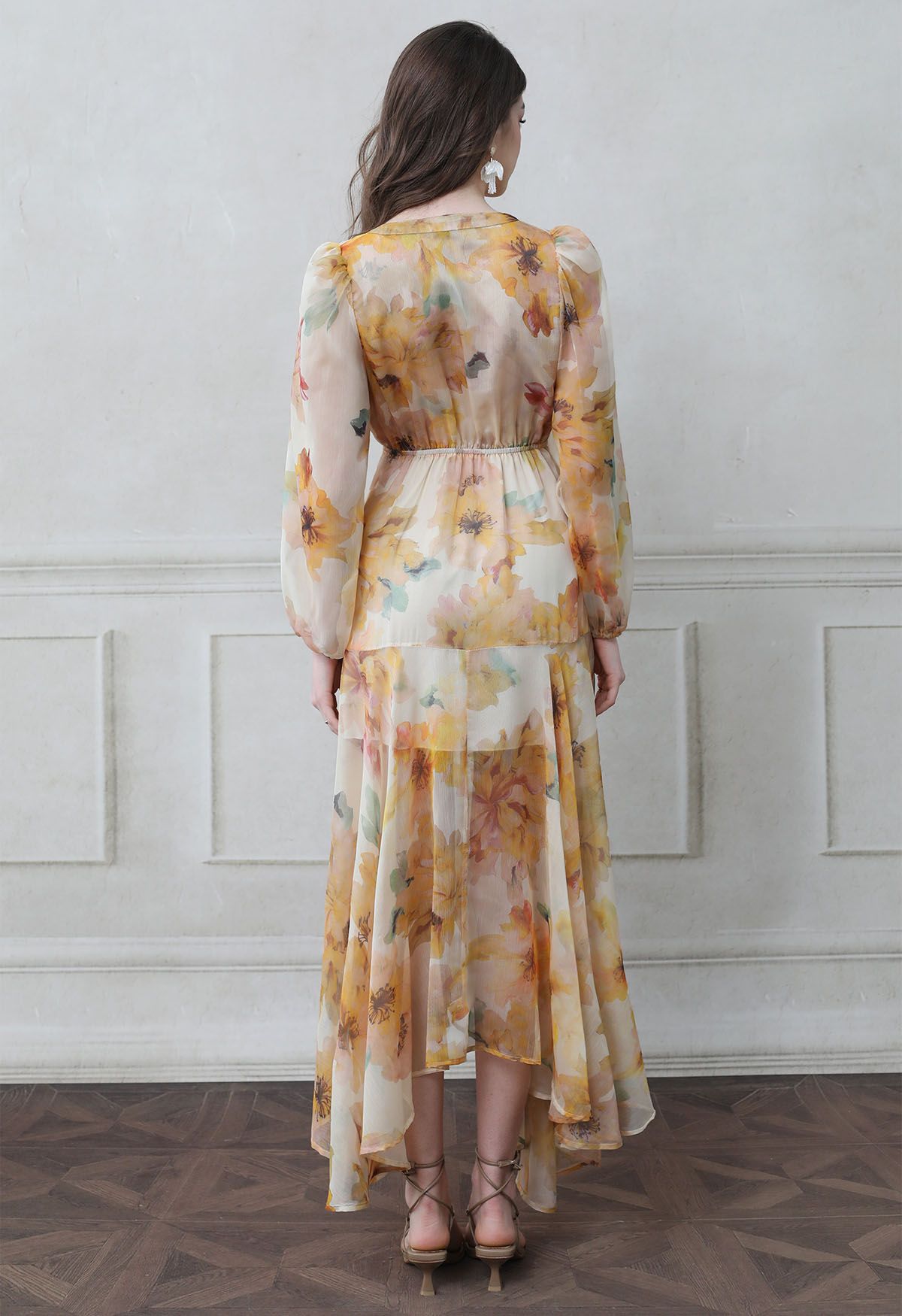 Watercolor Floral Tie Front Asymmetric Chiffon Maxi Dress