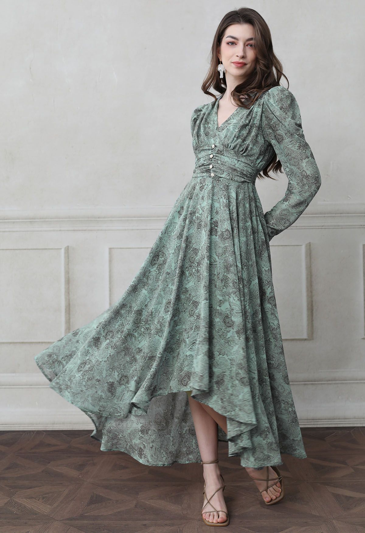 Rustic Floral V-Neck Asymmetric Chiffon Maxi Dress in Teal