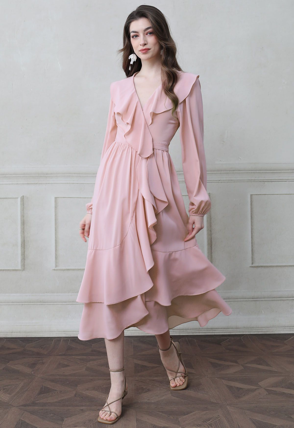 Self-Tie Wrap Tiered Ruffle Midi Dress in Light Pink