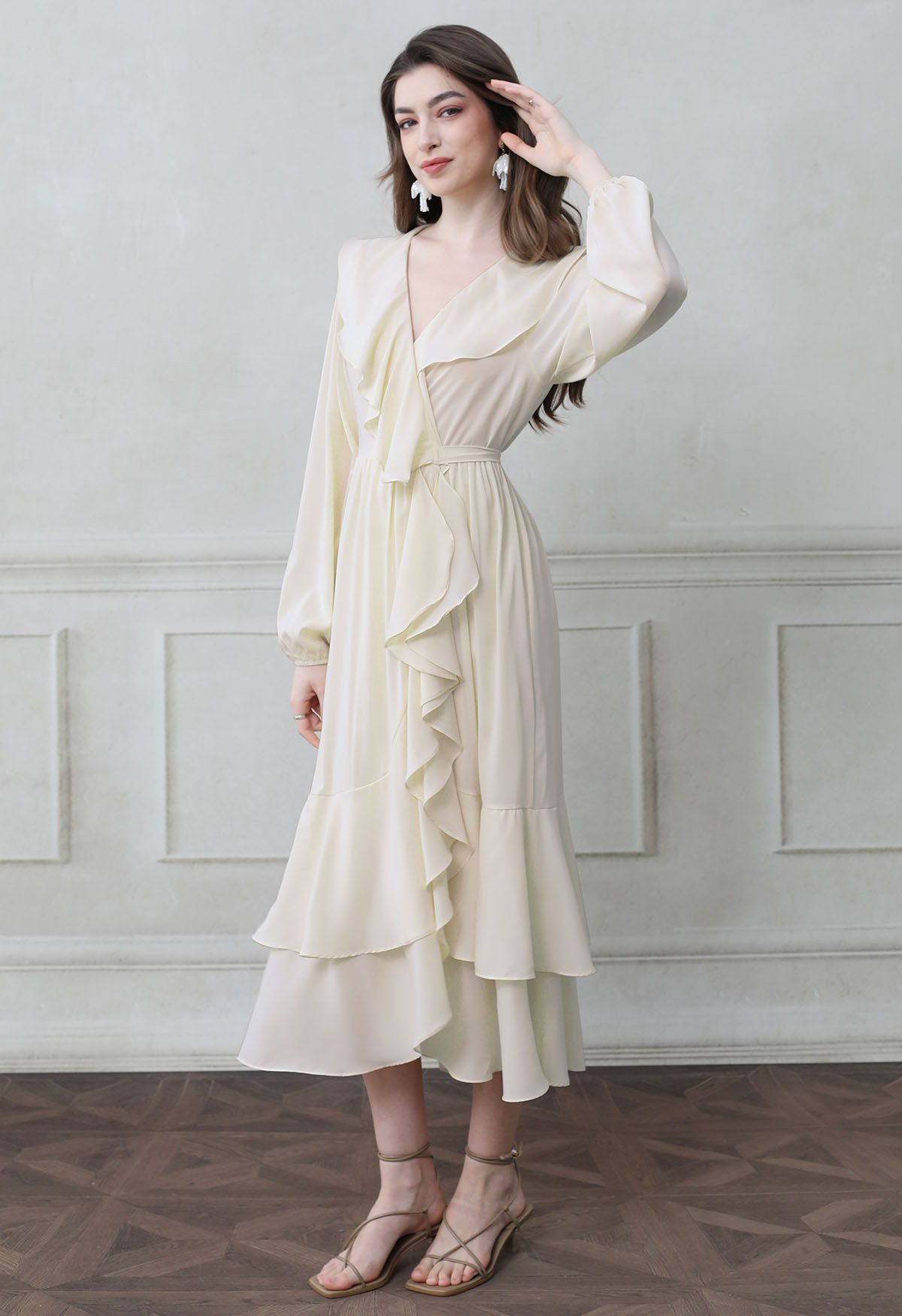 Self-Tie Wrap Tiered Ruffle Midi Dress in Cream