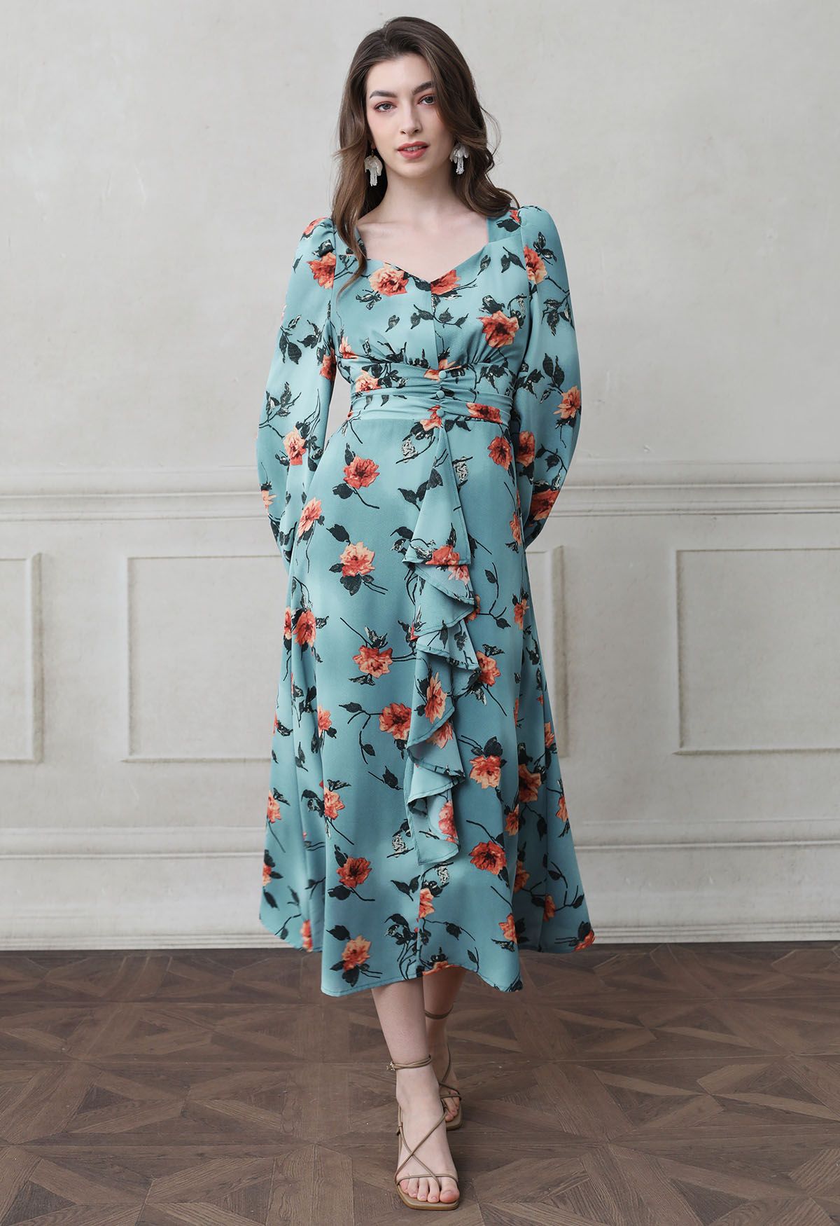 Red Floral Printed Sweetheart Neckline Ruffle Midi Dress in Blue