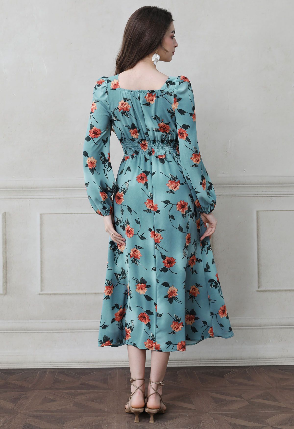 Red Floral Printed Sweetheart Neckline Ruffle Midi Dress in Blue