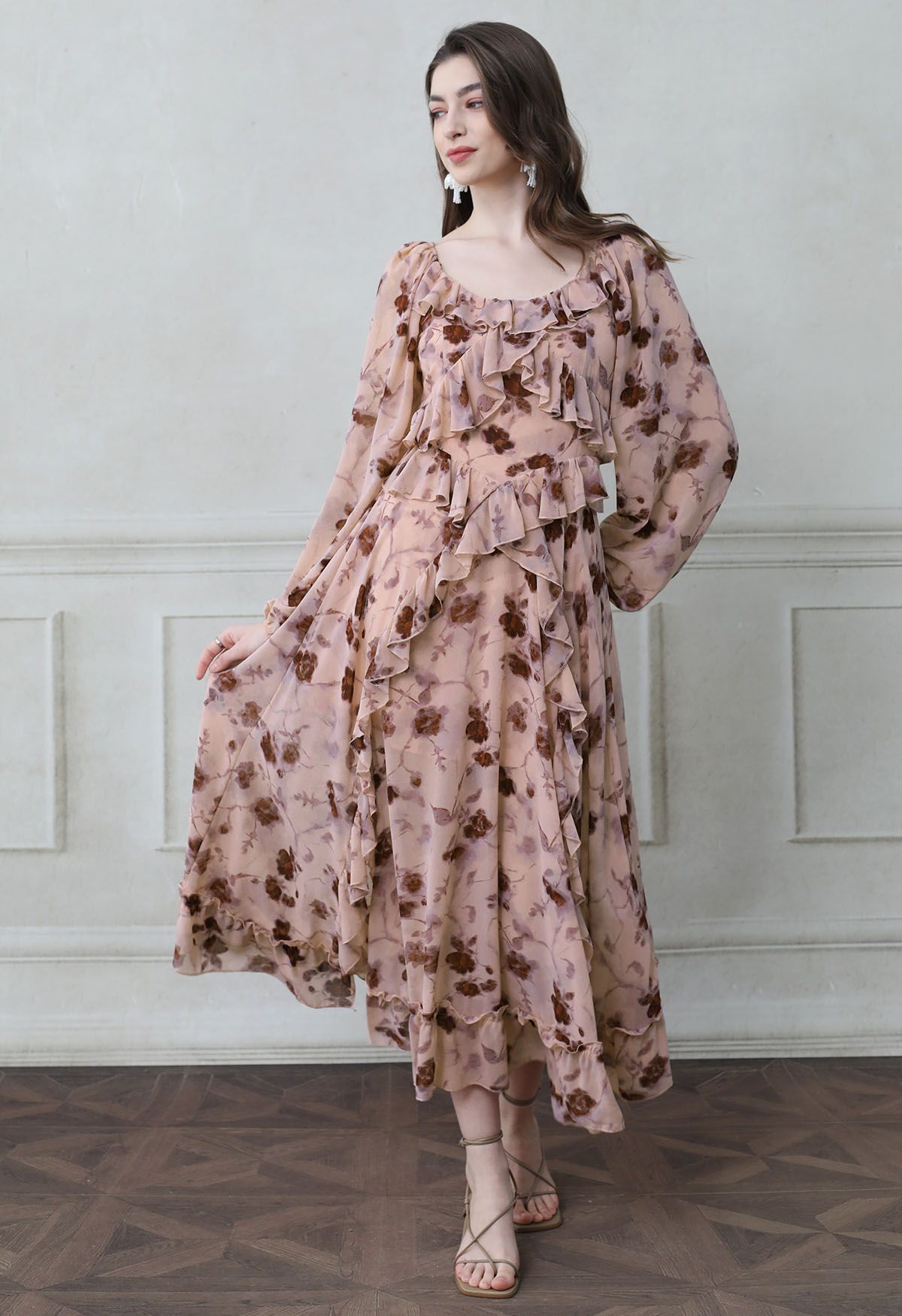 Inky Floral Tiered Ruffle Puff Sleeve Chiffon Maxi Dress in Pink