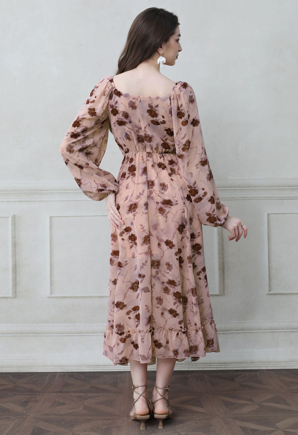 Inky Floral Tiered Ruffle Puff Sleeve Chiffon Maxi Dress in Pink