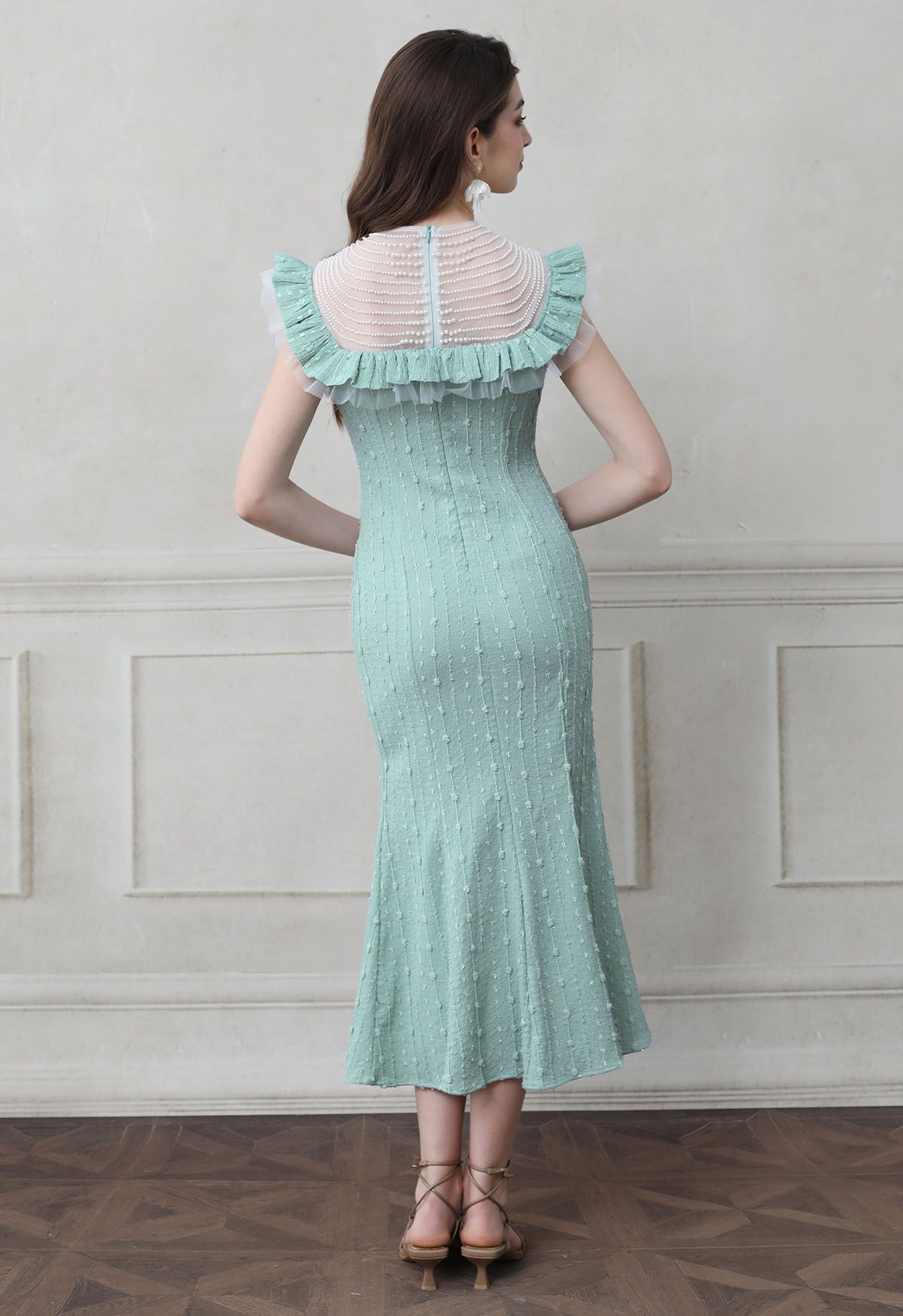 3D Floral Pearl Mesh Spliced Sleeveless Mermaid Dress