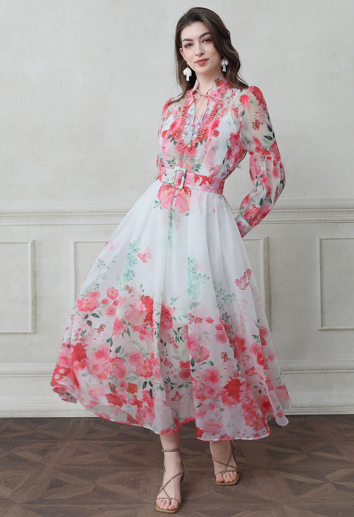 Watercolor Rose Garden Tie-Neck Belted Organza Maxi Dress in Hot Pink