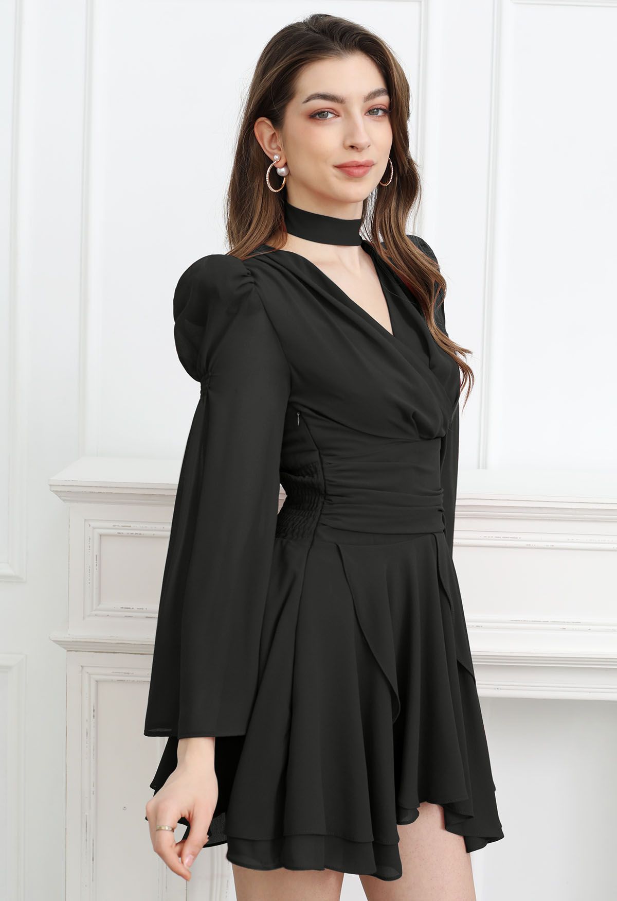 Faux-Wrap Flare Sleeve Asymmetric Chiffon Mini Dress with Sash in Black