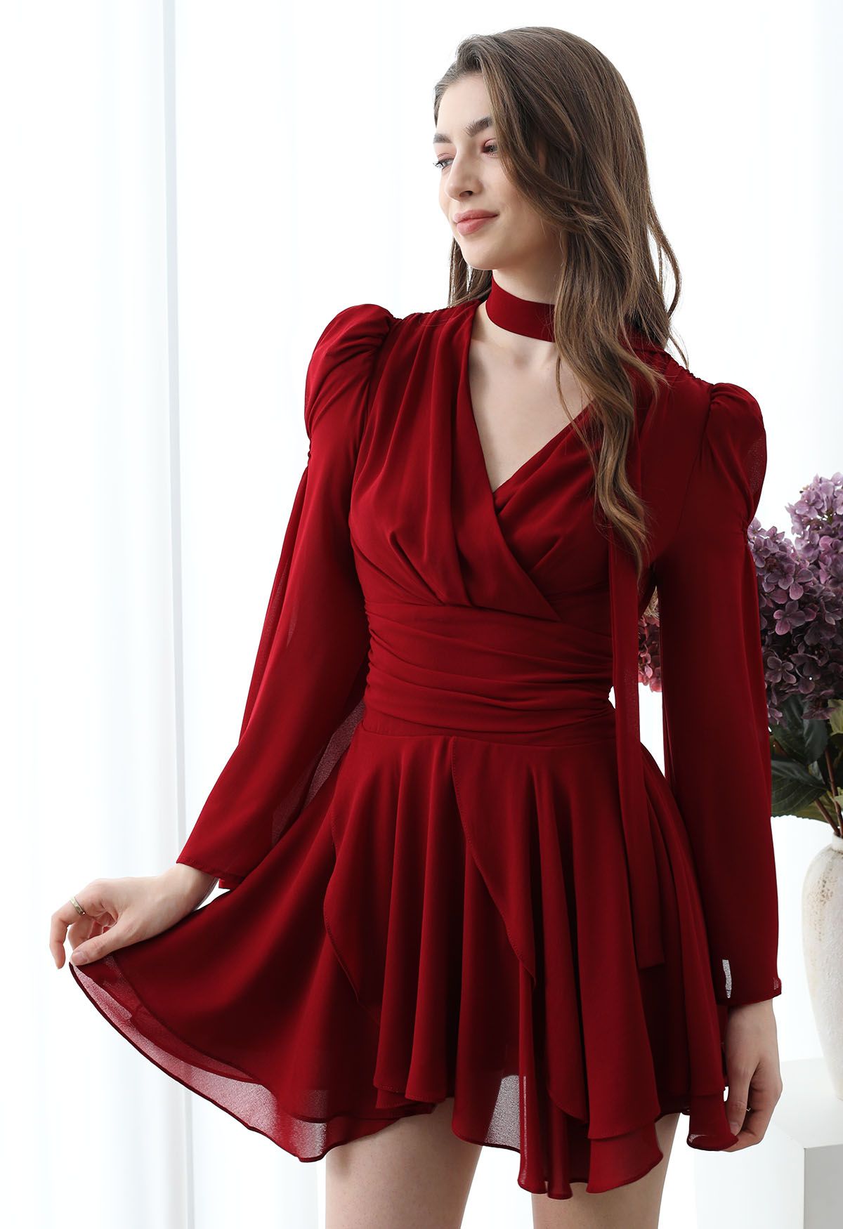 Faux-Wrap Flare Sleeve Asymmetric Chiffon Mini Dress with Sash in Red