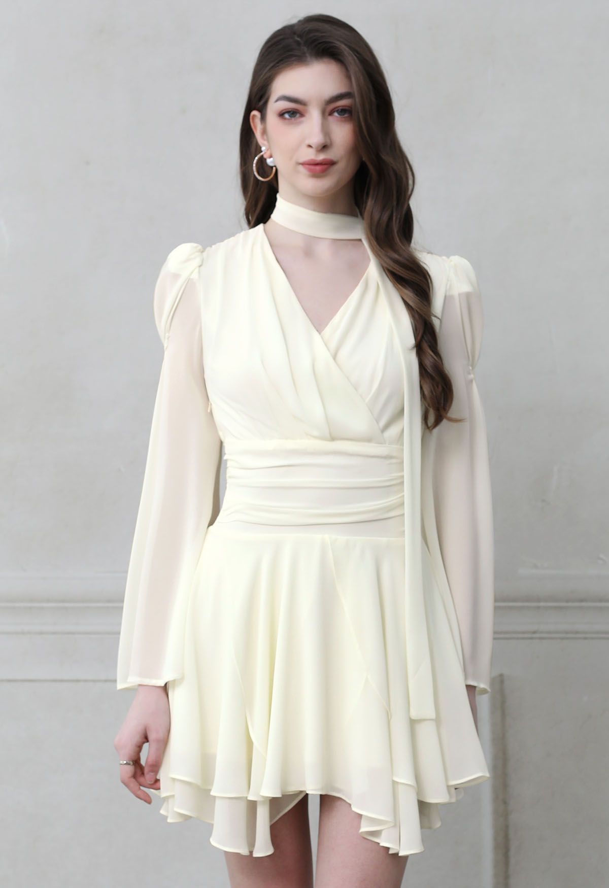 Faux-Wrap Flare Sleeve Asymmetric Chiffon Mini Dress with Sash in Ivory