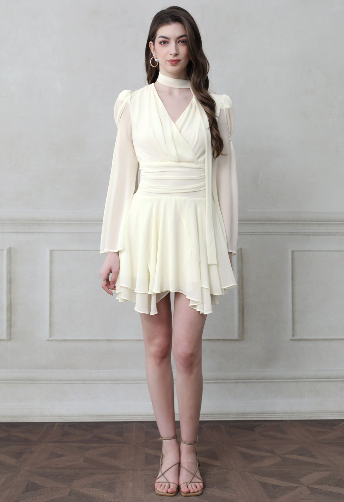 Faux-Wrap Flare Sleeve Asymmetric Chiffon Mini Dress with Sash in Ivory