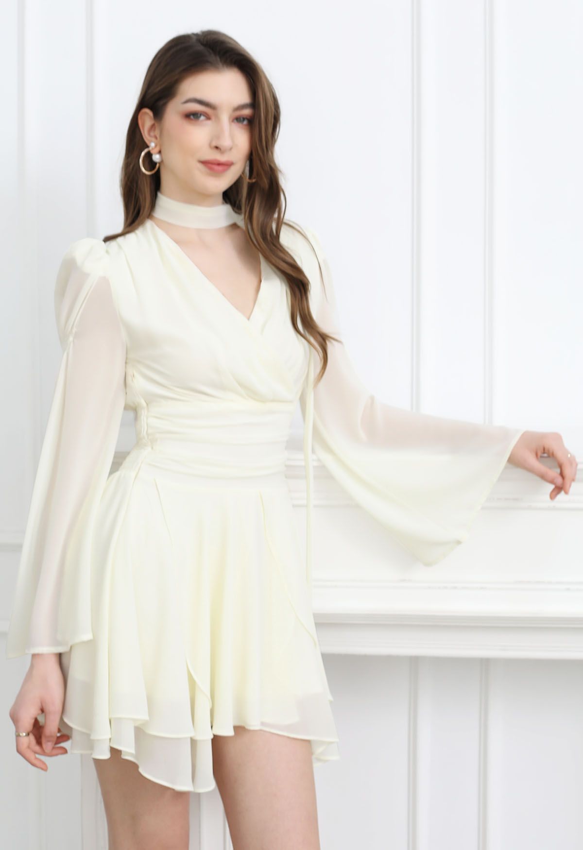 Faux-Wrap Flare Sleeve Asymmetric Chiffon Mini Dress with Sash in Ivory