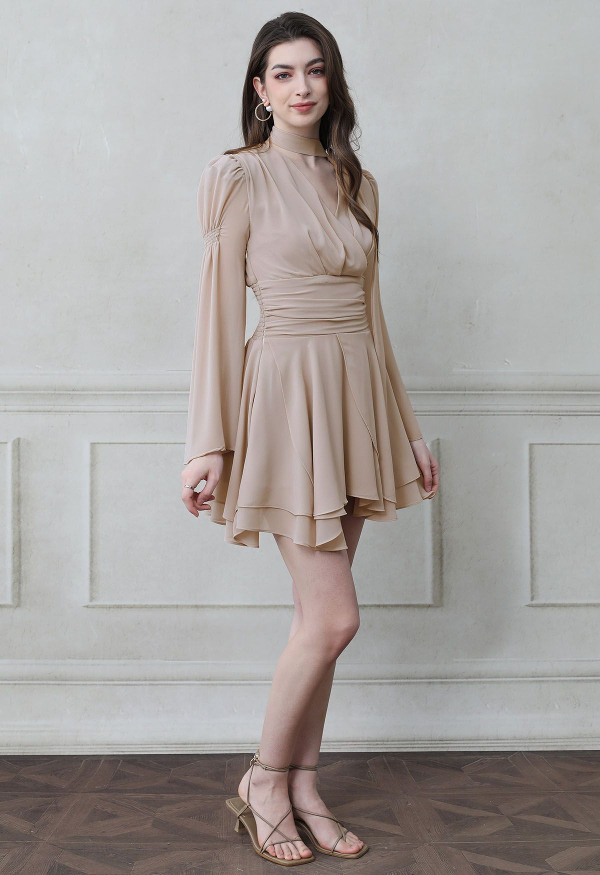 Faux-Wrap Flare Sleeve Asymmetric Chiffon Mini Dress with Sash in Nude Pink