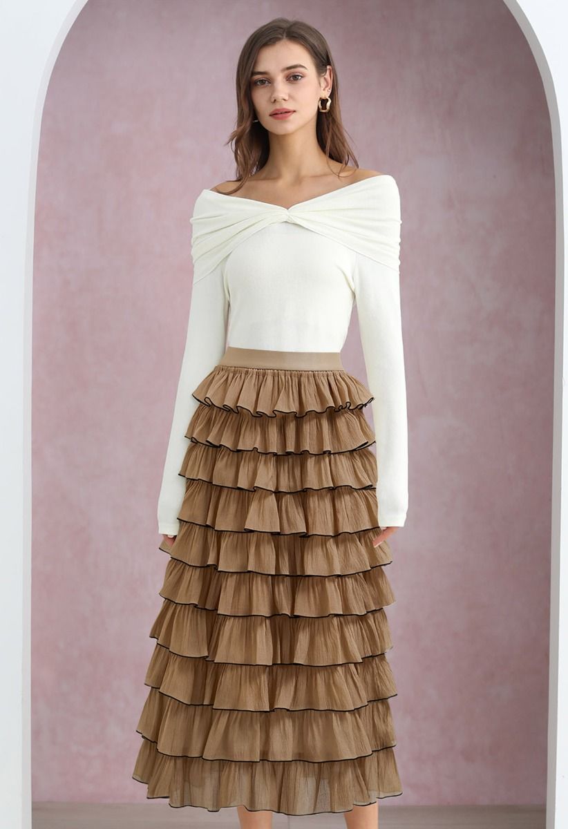 Contrasting Edges Tiered Ruffle Maxi Skirt in Caramel