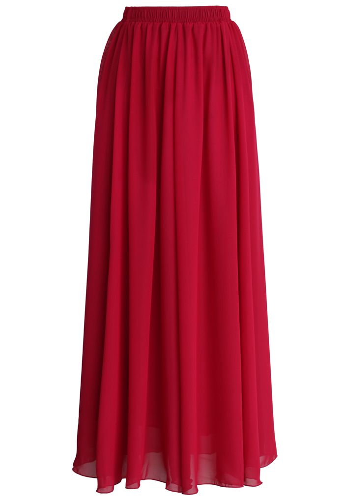 Wine Red Pleated Maxi Skirt - Retro, Indie and Unique Fashion