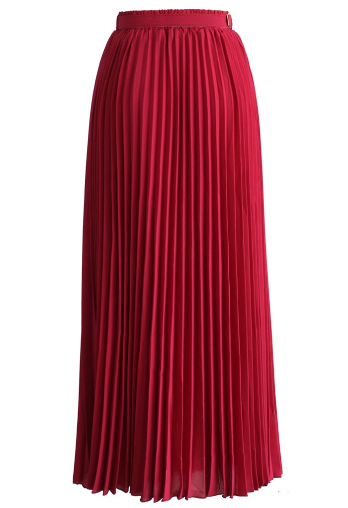 Belted Pleated Chiffon Maxi Skirt in Ruby - Retro, Indie and Unique Fashion